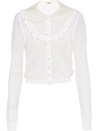 Shop white Miu Miu rhinestone-embellished cropped cardigan with Express Delivery - Farfetch
