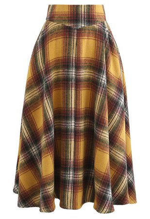 Multicolor Check Print Wool-Blend A-Line Skirt in Mustard - Retro, Indie and Unique Fashion