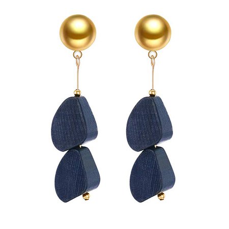 Wood Earrings, Double Teardrop Dangle Gold Stud Earrings for Women Girls with Box (Navy): Clothing