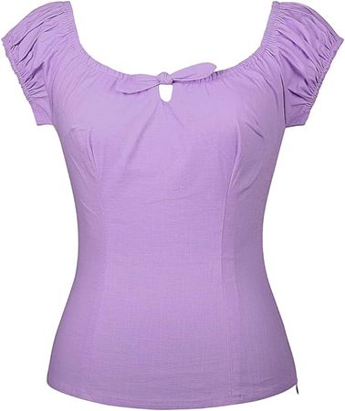 YARN & INK Women's Rockabilly Tops 1950s Pinup Vintage Puff Sleeve BowBlouse Off Shoulder Shirt for Women(Violet 3X-Large) at Amazon Women’s Clothing store