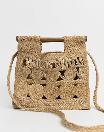 Mango straw shoulder bag with wooden handle in beige | ASOS
