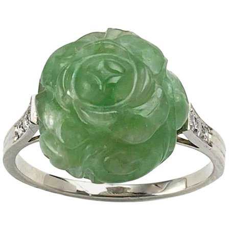 Vintage Art Deco Carved Jadeite Jade and Diamond Ring