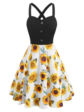 Sunflower Print Mock Button Criss Cross Dress [41% OFF] | Rosegal