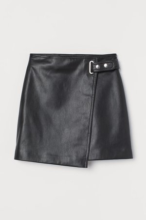 Faux Leather Wrap-front Skirt - Black