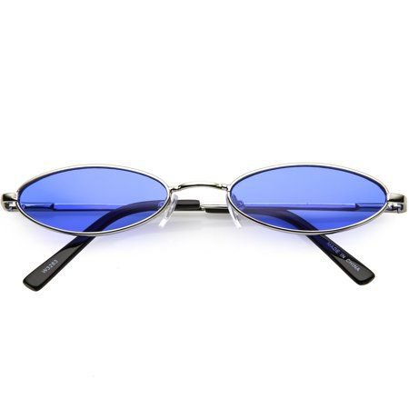 *clipped by @luci-her* Retro Small Oval Sunglasses Slim Arms Color Tinted Flat Lens 51mm (Blue)
