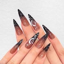 Elevate Your Style With 24pcs Groovy Long Stiletto Gold Metallic Moon Pattern French Full Cover Fake Nail Set - Google Search
