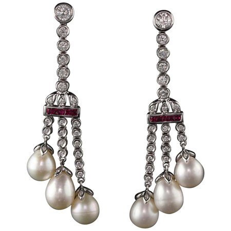 Vintage Estate 18 Karat White Gold Diamond, Ruby, and Pearl Earrings For Sale at 1stDibs