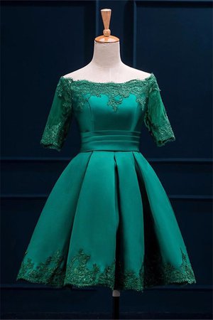 Ball Gown Off The Shoulder Short Sleeve Dark Green Satin Lace Prom Dress