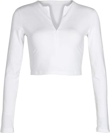 Artfish Women's Long Sleeve Quarter Zip Crop Tops Fleece Lined V Neck Fitted Sexy Cropped Shirts (01#White, S) at Amazon Women’s Clothing store