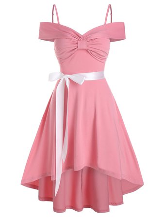 [51% OFF] 2021 Bow Ruched High Low Belted Vintage Dress In PINK | DressLily