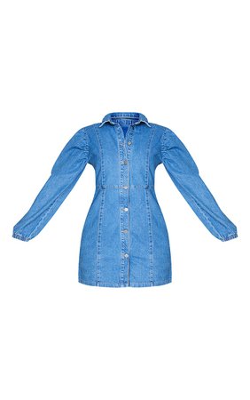 Mid Blue Wash Balloon Sleeve Button Denim Dress | PrettyLittleThing USA
