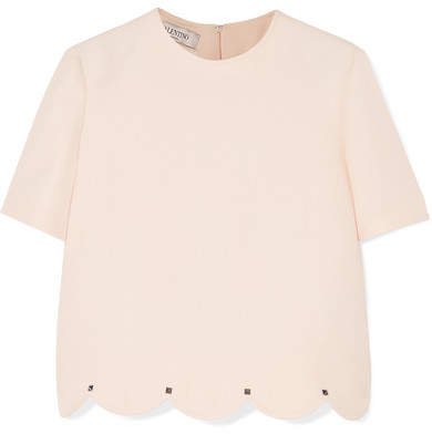 Studded Scalloped Wool And Silk-blend Crepe Top - Ivory