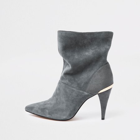 Grey wide fit suede slouch cone heel boots - Boots - Shoes & Boots - women