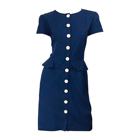 Vintage Valentino Size 10 Navy Blue 1980s Short Sleeve Nautical 80s Dress For Sale at 1stDibs