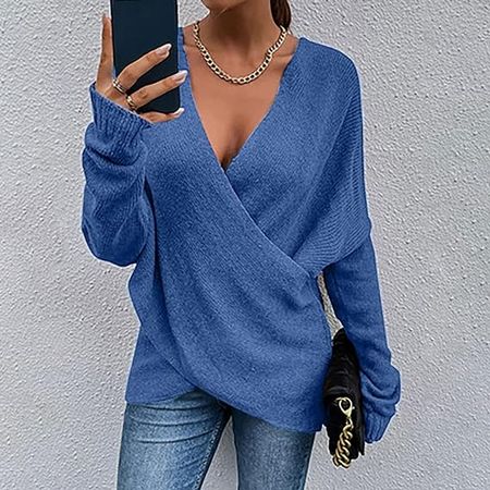 Women's Wrap V Neck Sweater Cross Asymmetrical Sweaters Knit 2023 Trendy Sexy Slim Fit Long Sleeve Pullover Tops at Amazon Women’s Clothing store