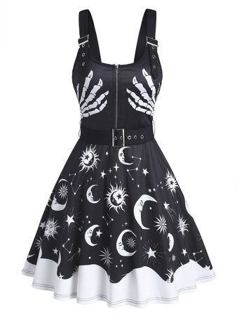 [36% OFF] Halloween Skeleton Sun Moon Star Print Belted Sleeveless Dress | Rosegal