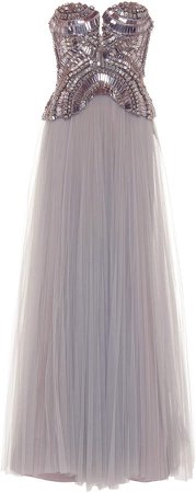 Strapless Embroidered Tulle Gown