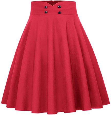 Women Pleated Vintage Skirts with Button A-Line Skirt Red