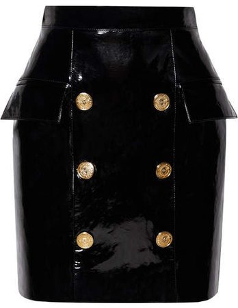 Button-embellished Patent-leather Mini Skirt - Black