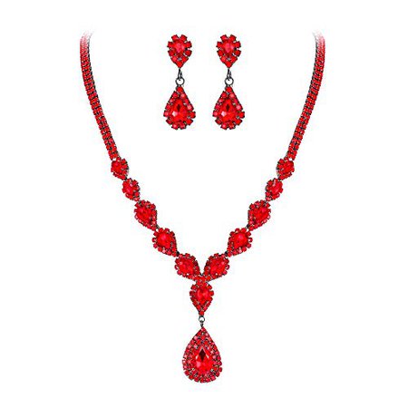 Amazon.com: BriLove Wedding Bridal Necklace Earrings Jewelry Set for Women CZ Crystal Teardrop Infinity Y-Necklace Dangle Earrings Set Ruby Color Black-Silver-Tone: Clothing