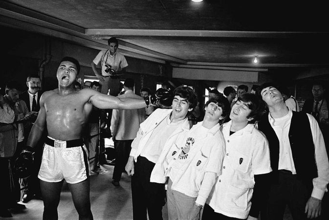 Chris Smith - Ali vs The Beatles - Chris Smith, black and white, muhammad ali, beatles, 50x92 in For Sale at 1stDibs