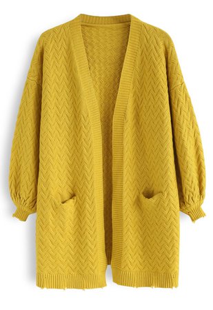 Puff Sleeves Cable Knit Cardigan in Mustard - Retro, Indie and Unique Fashion