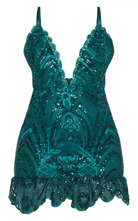 Emerald Green Sequin Lace Frill Dress | PrettyLittleThing USA