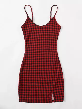 Split Hem Gingham Print Bodycon Dress | SHEIN USA red