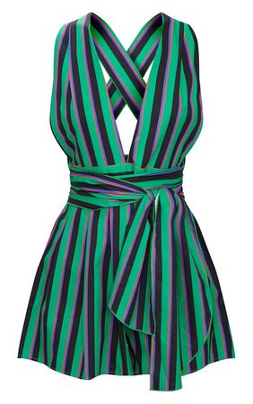 Green Stripe Tie Back Playsuit | PrettyLittleThing