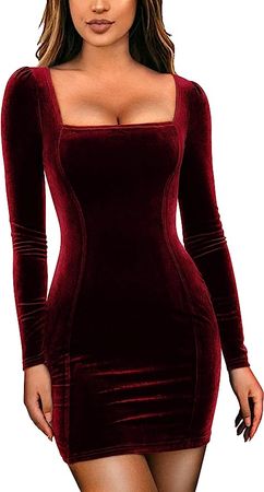 Amazon.com: GOBLES Womens Sexy Velvet Long Sleeve Bodycon Elegant Mini Party Dress Wine Red : Clothing, Shoes & Jewelry