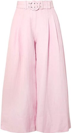 Belted Silk And Linen-blend Wide-leg Pants - Pink