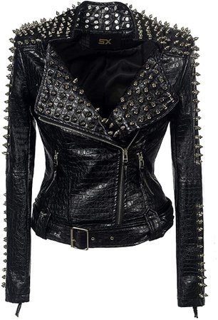 SX Women Punk Faux Leather PU Black Jacket Studded Rivet Fashion Streetwear Motorcycle Coat (XL, Black) at Amazon Women's Coats Shop