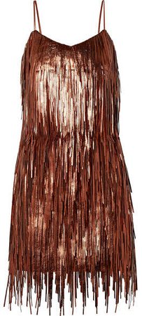 Fringed Metallic Leather Mini Dress - Copper