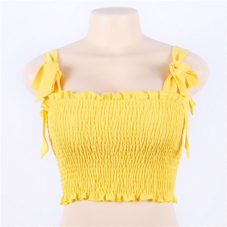 Pleated Yellow Bow Knot Sleeved Cropped Tube Top