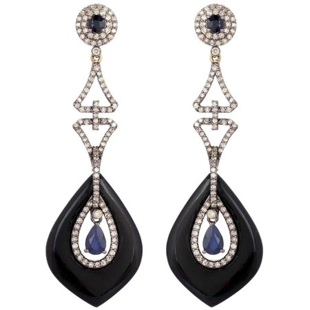Black Onyx Blue Sapphire Diamond Earrings For Sale at 1stDibs | sterling silver diamond earrings, blue diamond earrings