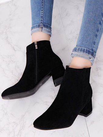 Women's Elegant Black Solid Color Fashion Boots, Side Zipper Chunky Heel Faux Suede Classic Boots | SHEIN