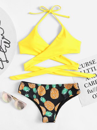 Pineapple Print Wrap Self Tie Bikini Set