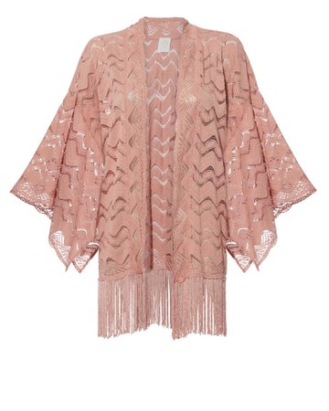 Pink Leaf Lace Fringed Kimono
