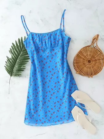 Ditsy Floral Ruched Bust Mini Cami Dress | SHEIN USA blue