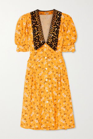 Yellow Lace-trimmed floral-print crepe midi dress | Miu Miu | NET-A-PORTER