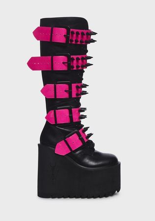 Widow Spiked Buckle Knee High Platform Boots - Black/Pink – Dolls Kill