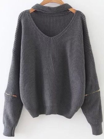 Choker V Neck Zipper Sleeve Sweater