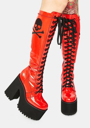 Current Mood Red Patent Skull Knee High Platform Boots | Dolls Kill