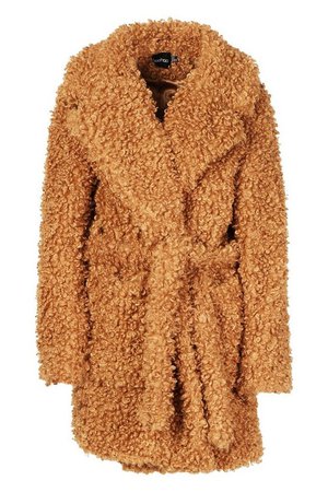 Premium Curly Teddy Belted Faux Fur Coat | Boohoo camel