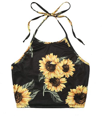 Romwe Women's Summer Sunflower Print Backless Tie Crop Halter Top Black Medium at Amazon Women’s Clothing store
