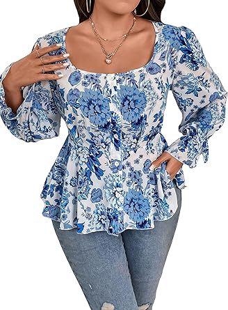SOLY HUX Women's Plus Size Floral Print Scoop Neck Long Sleeve Ruffle Hem Peplum Blouse Tops at Amazon Women’s Clothing store