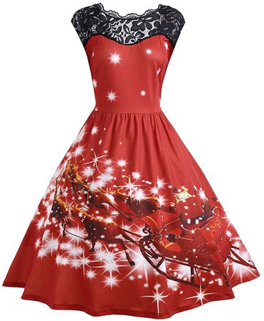 Vintage Print Dress Women's Long Sleeve Christmas Evening Party Swing Dress at Amazon Women’s Clothing store