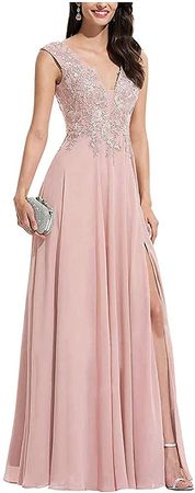 Women's V Neck Chiffon Bridesmaid Dresses with Slit,Lace Appliques Prom Dress Party Gown Blush Pink at Amazon Women’s Clothing store