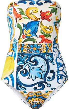 Maiolica Cutout Printed Bandeau Swimsuit - Blue