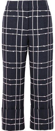 Cropped Checked Cotton-blend Bouclé Straight-leg Pants - Navy